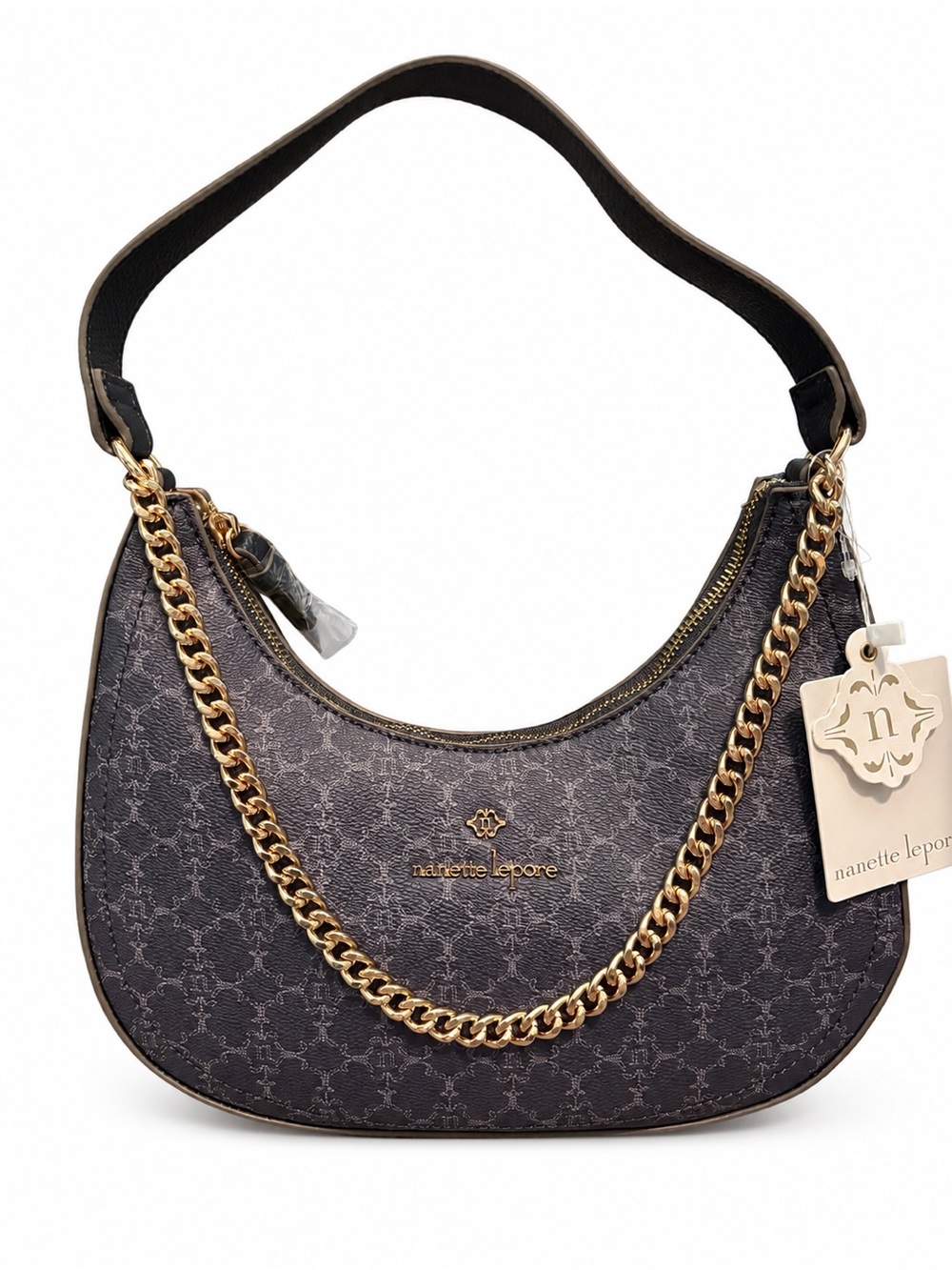 NWT Nanette Lepore Black Patterned Hobo with Gold Chain